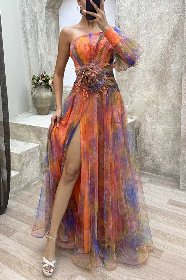 Długa Sukienka Jednoramienna z Rozcięciem