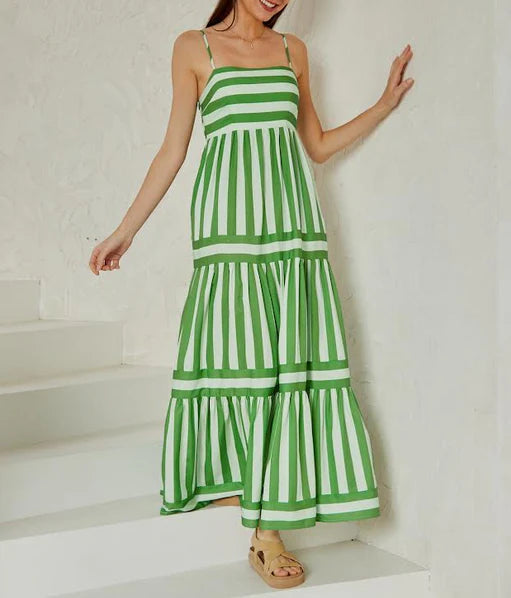 Sukienka Maxi w Paski - Zielono-Biała