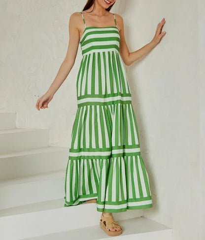 Sukienka Maxi w Paski - Zielono-Biała