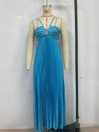 Sukienka Maxi Plisowana na Ramiączkach