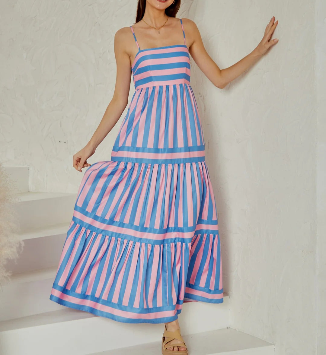 Sukienka Maxi w Paski - Zielono-Biała