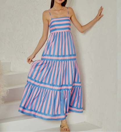 Sukienka Maxi w Paski - Zielono-Biała