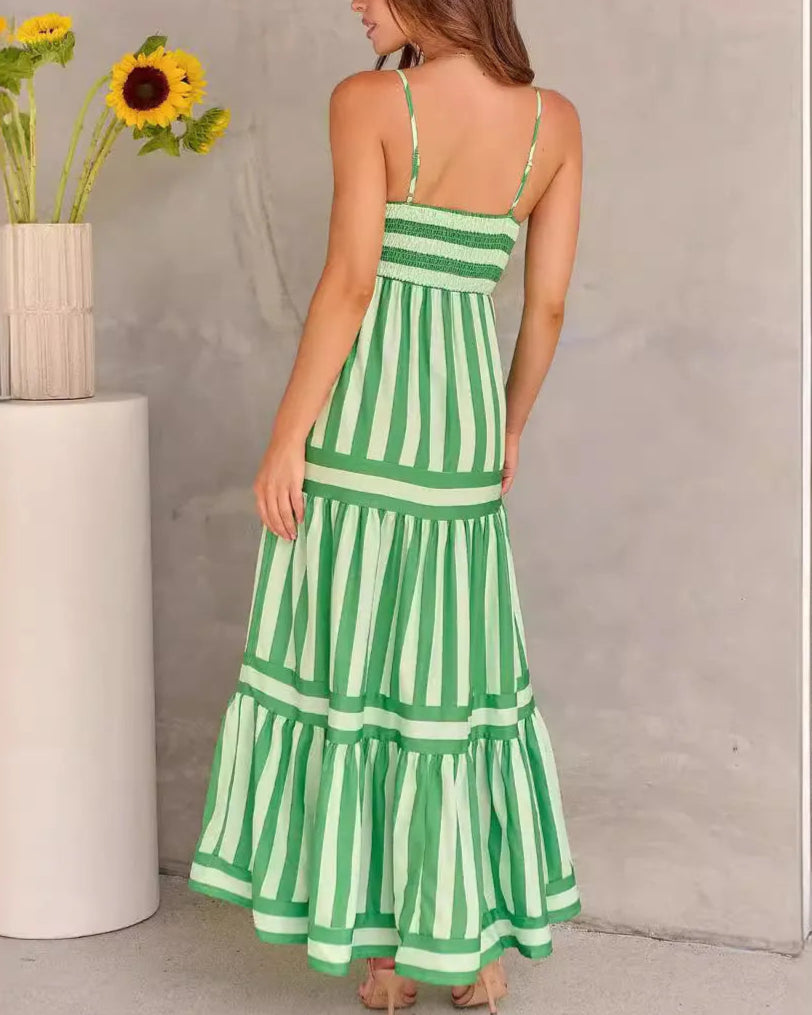 Sukienka Maxi w Paski - Zielono-Biała