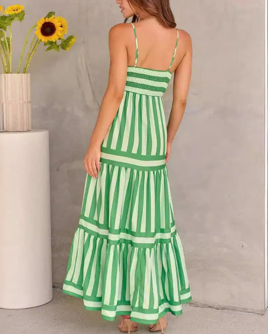 Sukienka Maxi w Paski - Zielono-Biała